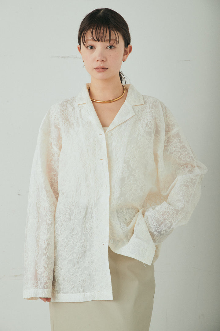 [SET]刺繍シアーオープンカラーシャツ+リネン混かすれ柄ワイドパンツ(2set)