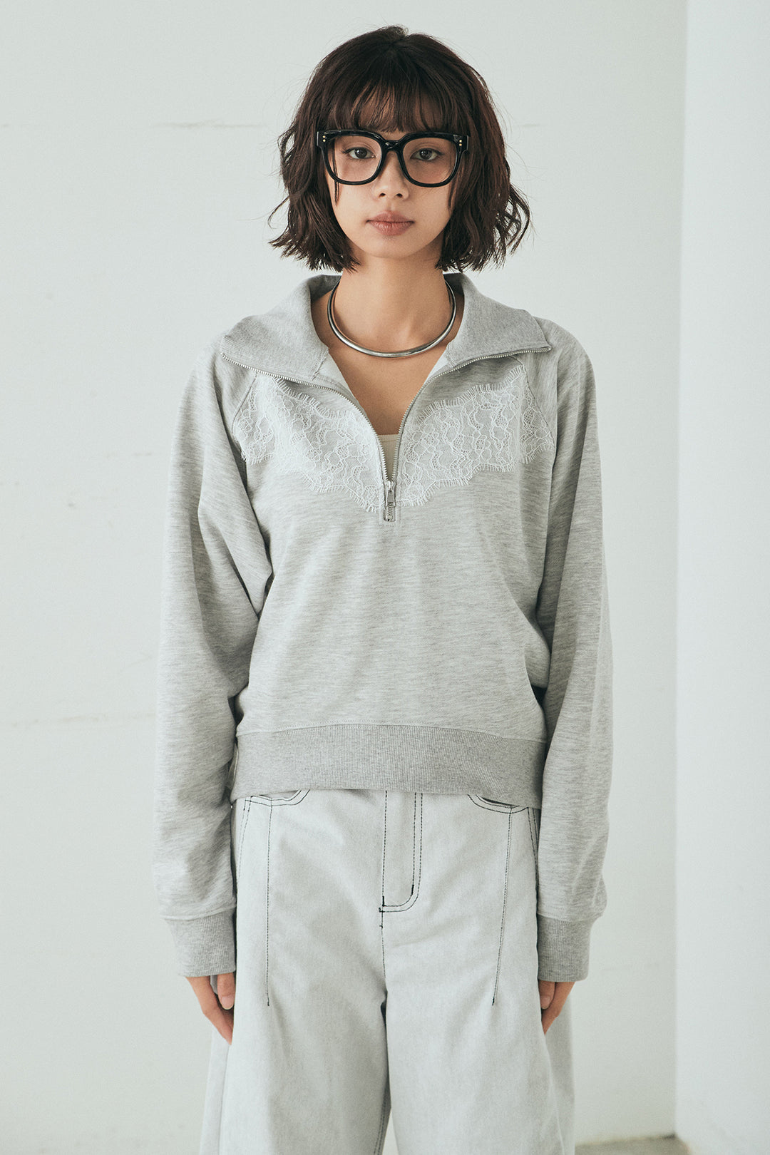 [SET]リバーレースハーフジップ裏毛スウェット+ツイル配色ステッチバレルパンツ(2set)