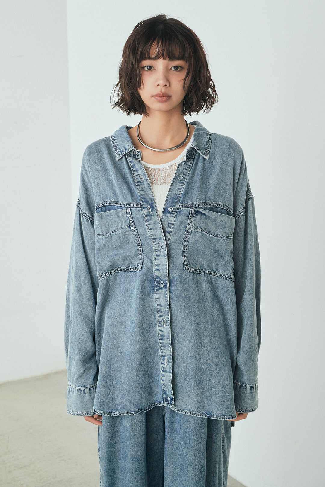 [SET]テンセルデニムシャツ+テンセルデニムイージーワイドパンツ(2set)