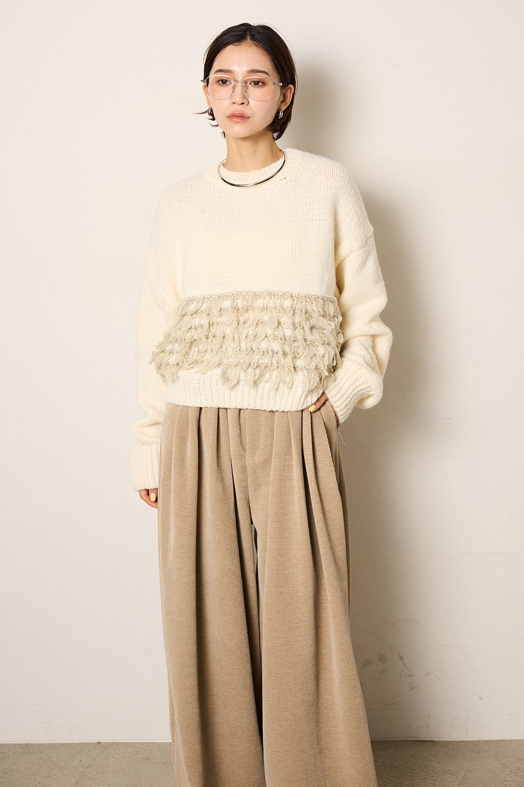 [SET]ループ編み切り替えニットプルオーバー+ベルトループコーデュロイワイドパンツ(2set)