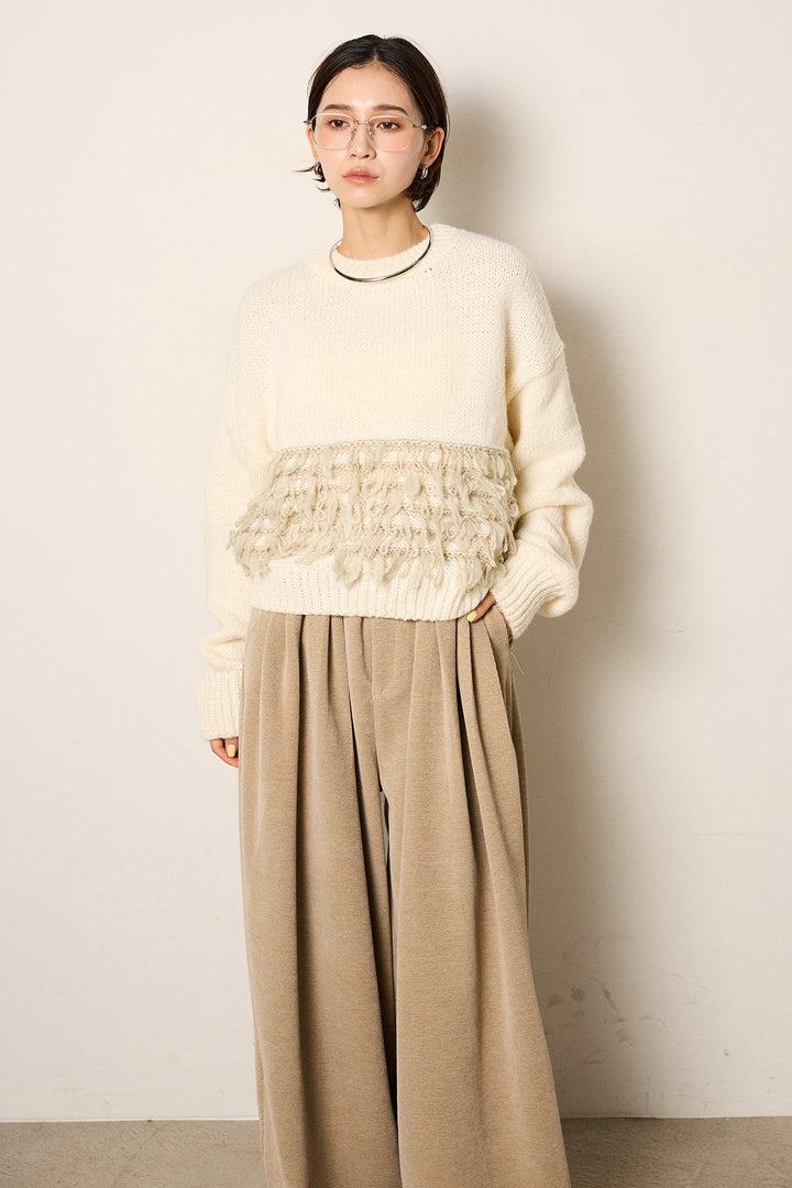 [SET]ループ編み切り替えニットプルオーバー+ベルトループコーデュロイワイドパンツ(2set)