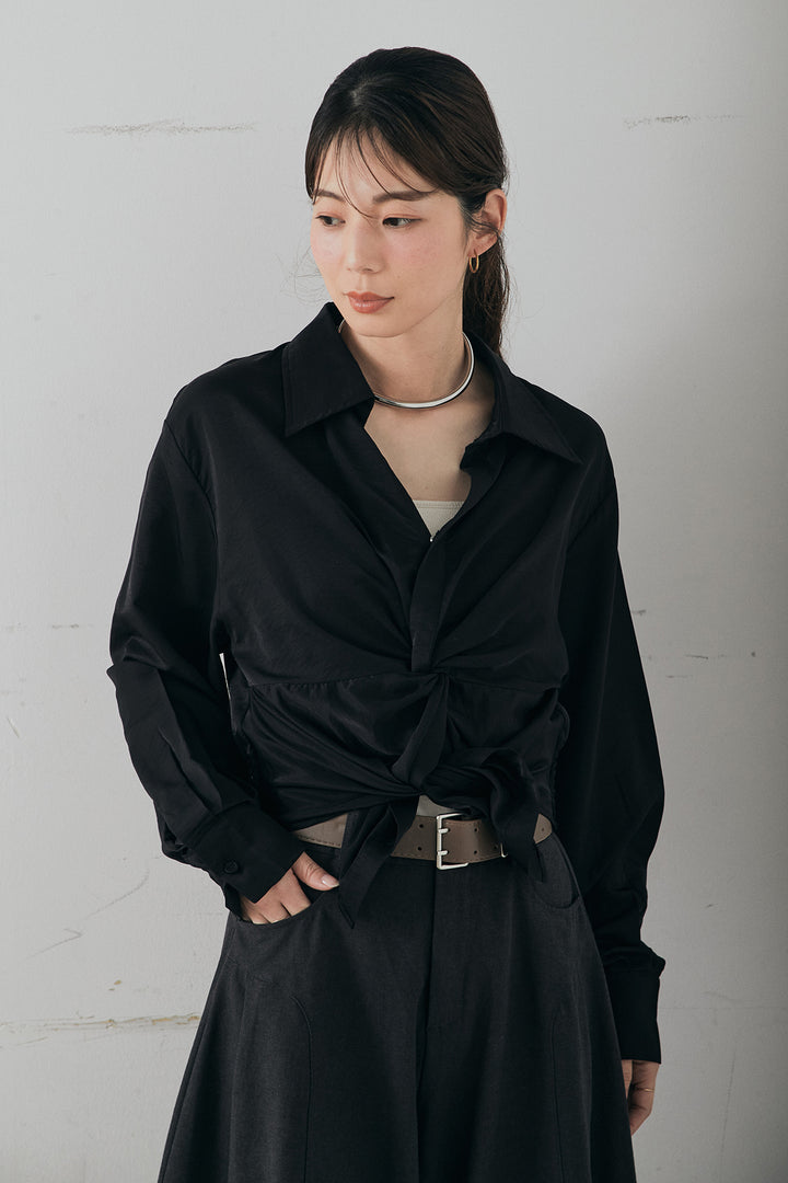 [SET]裾巻きツイストデザインシャツ+レーヨンストライプイージーワイドパンツ(2set)