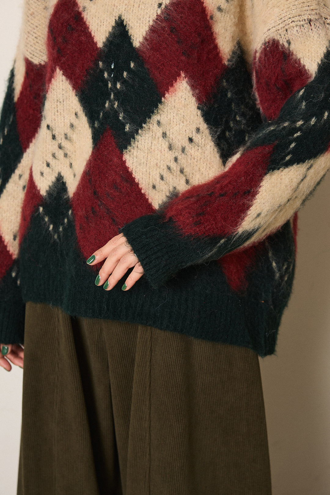 [SET]配色アーガイル柄ニットトップス+ベルト付きコーデュロイワイドパンツ(2set)