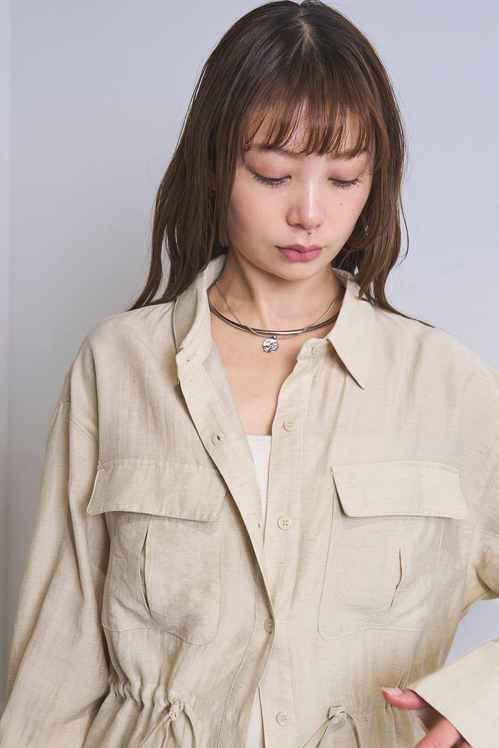 [SET]リネンブレンドシアーサファリシャツ+アートペイント柄スカート(2set)