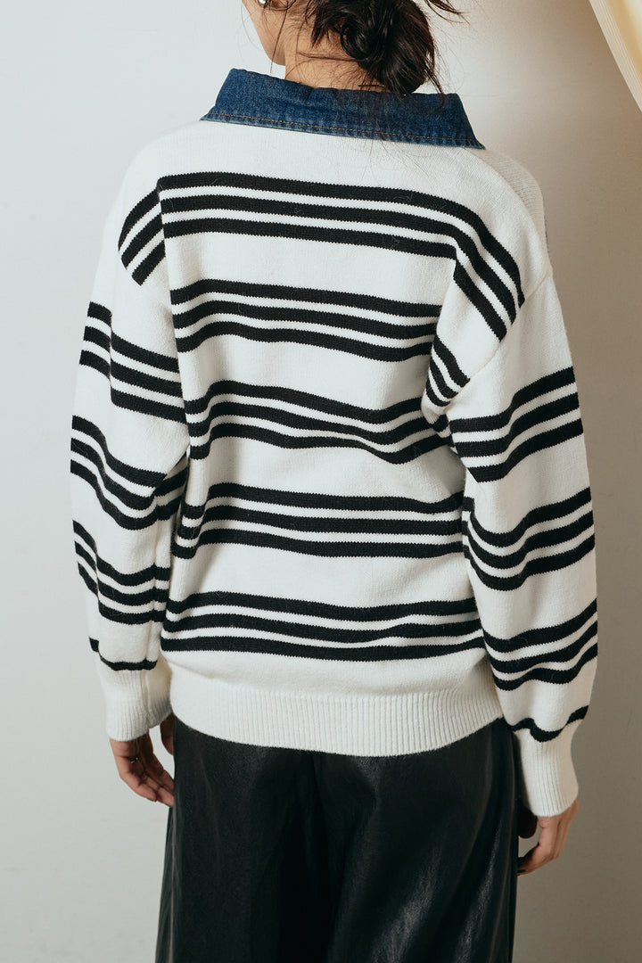 [SET]デニムレイヤード風ランダムボーダーニットプルオーバー+エコスウェードワイドスカート(2set)