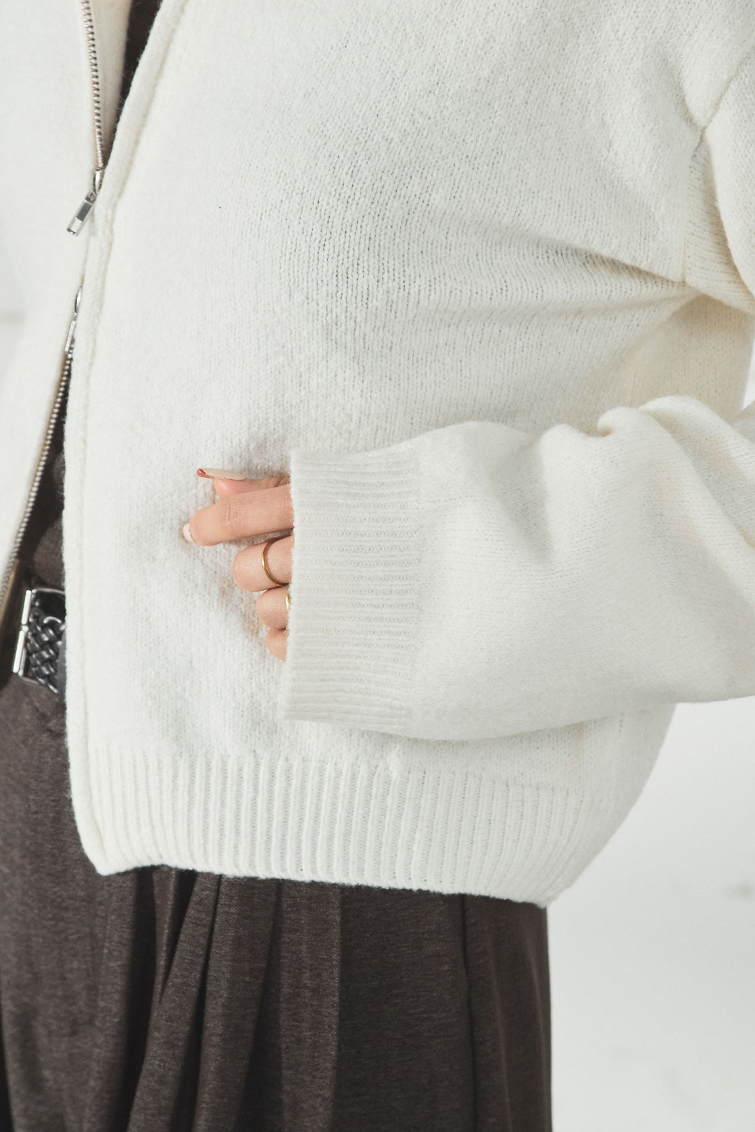 衿付きWジップニットカーディガン/グレー