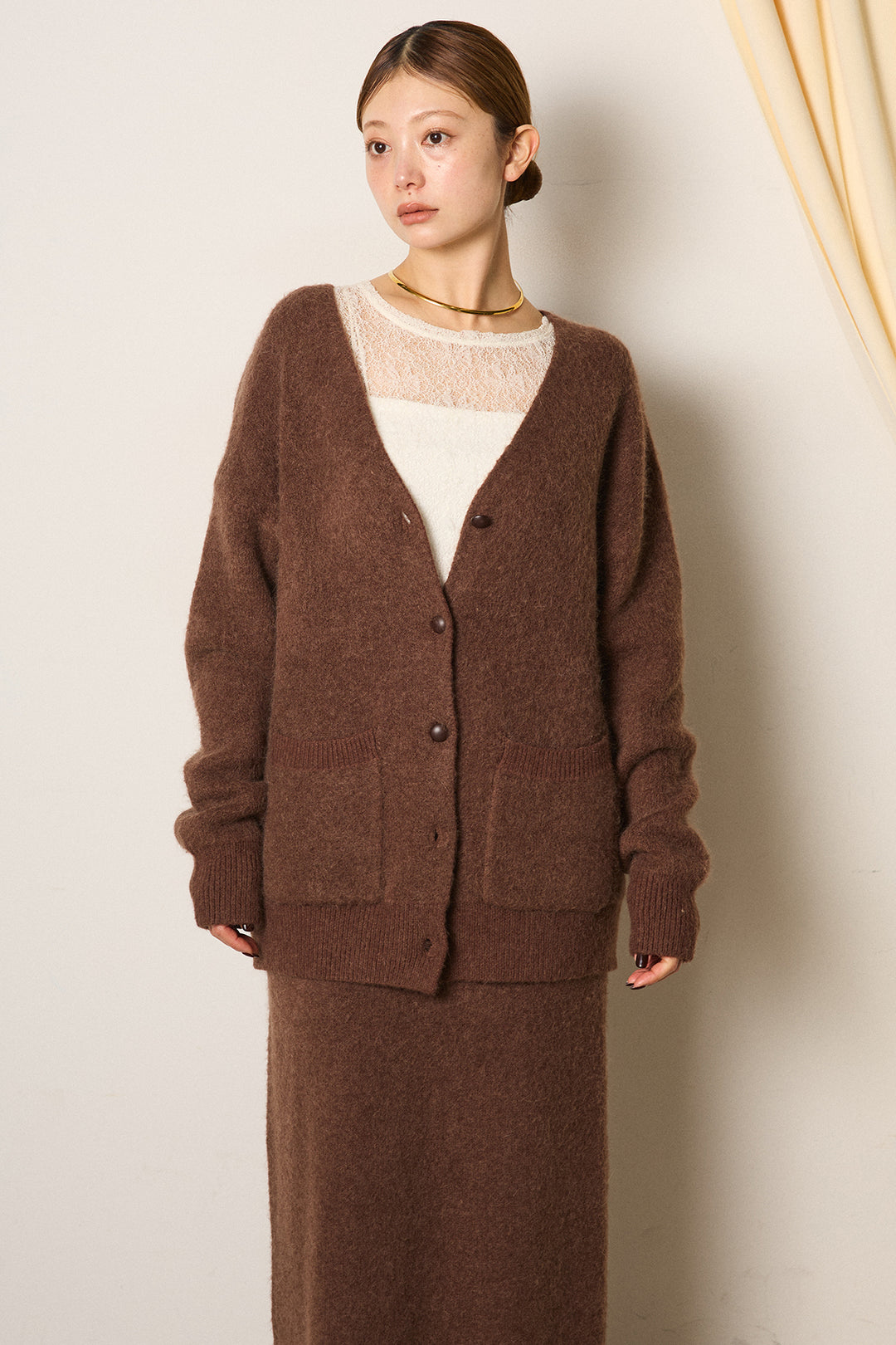 [SET]丸ボタン起毛ニットカーディガン+起毛ニットロングスカート(2set)