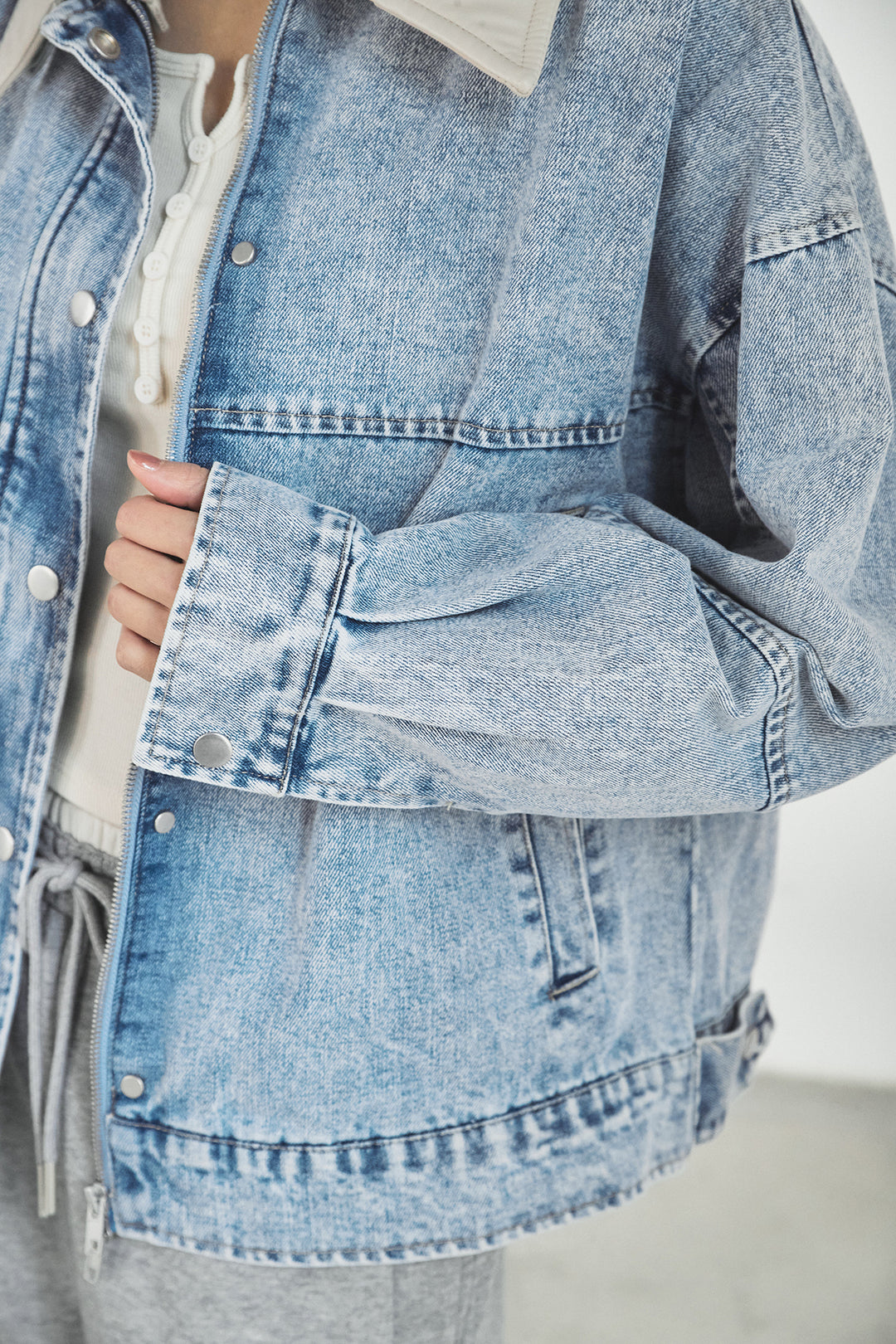 加工デニムレザー襟付きデニムブルゾン