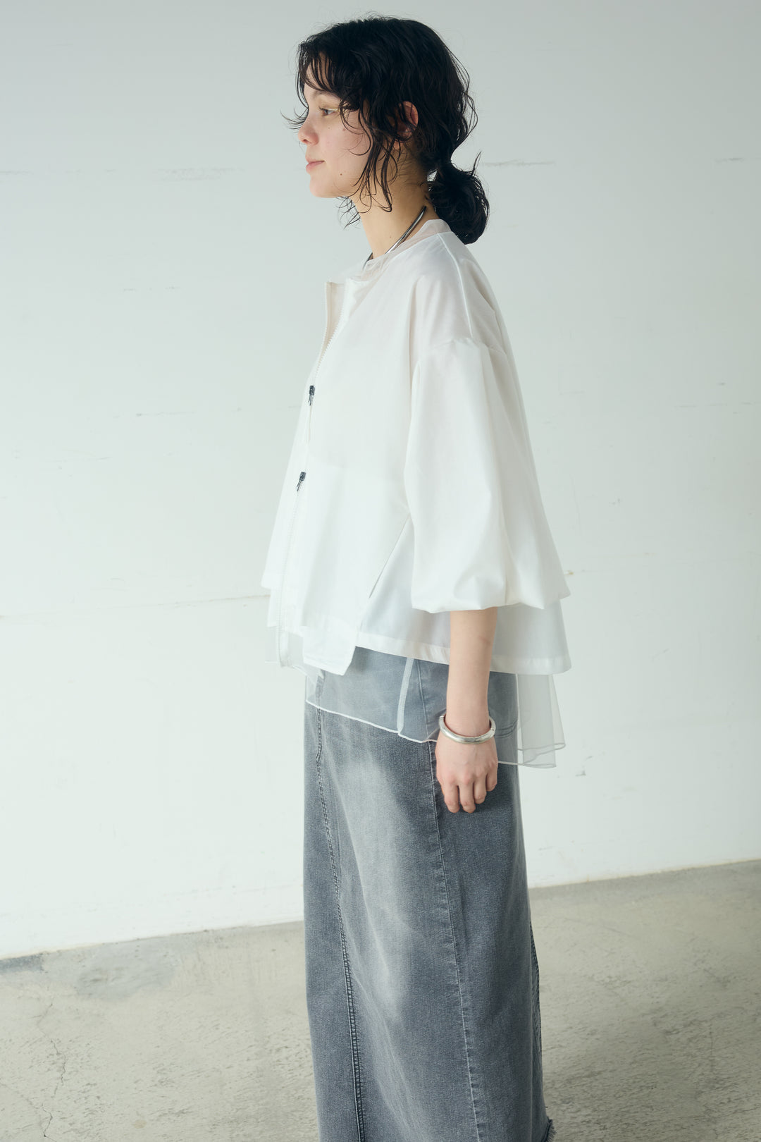 ボリューム袖シアーレイヤードブルゾン