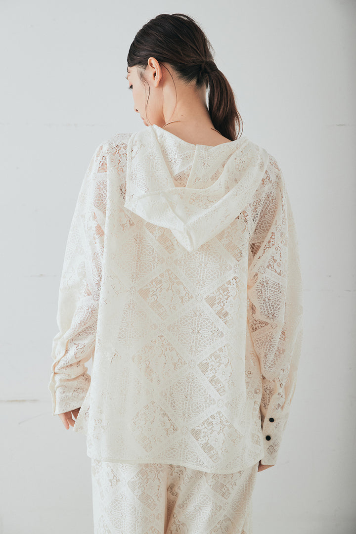 [SET]ブロックレースフード付きブラウス+リラックスブロックレースワイドパンツ(2set)