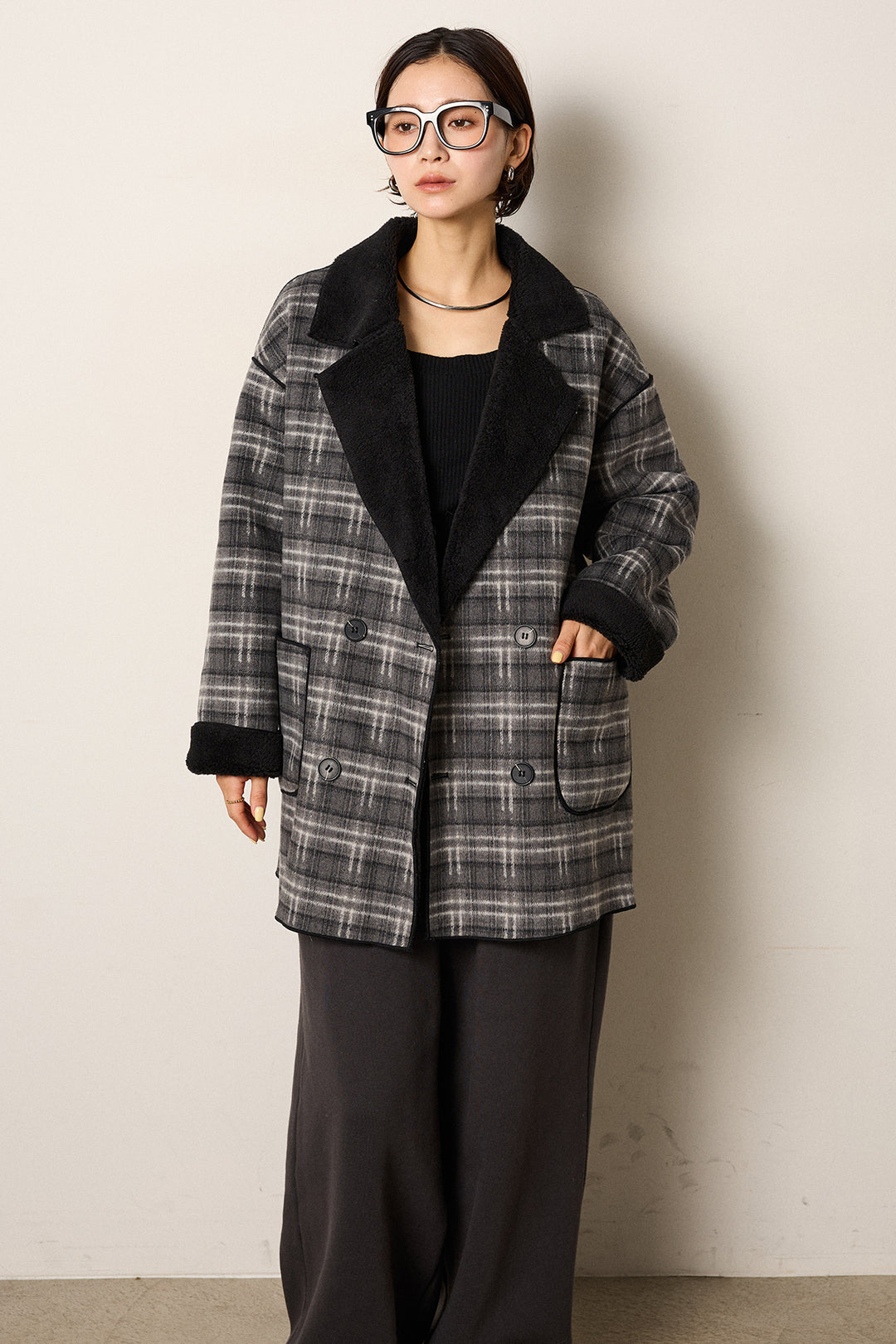 [SET]裏地ボアタータンチェック柄ミディアムコート+裏起毛スウェットワイドパンツ(2set)
