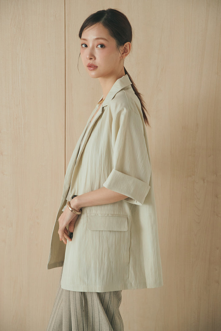 [SET]リネンライクテーラードハーフスリーブジャケット+リネンライク2タックワイドパンツ+半袖モノトーングラフィックトップス(3set)