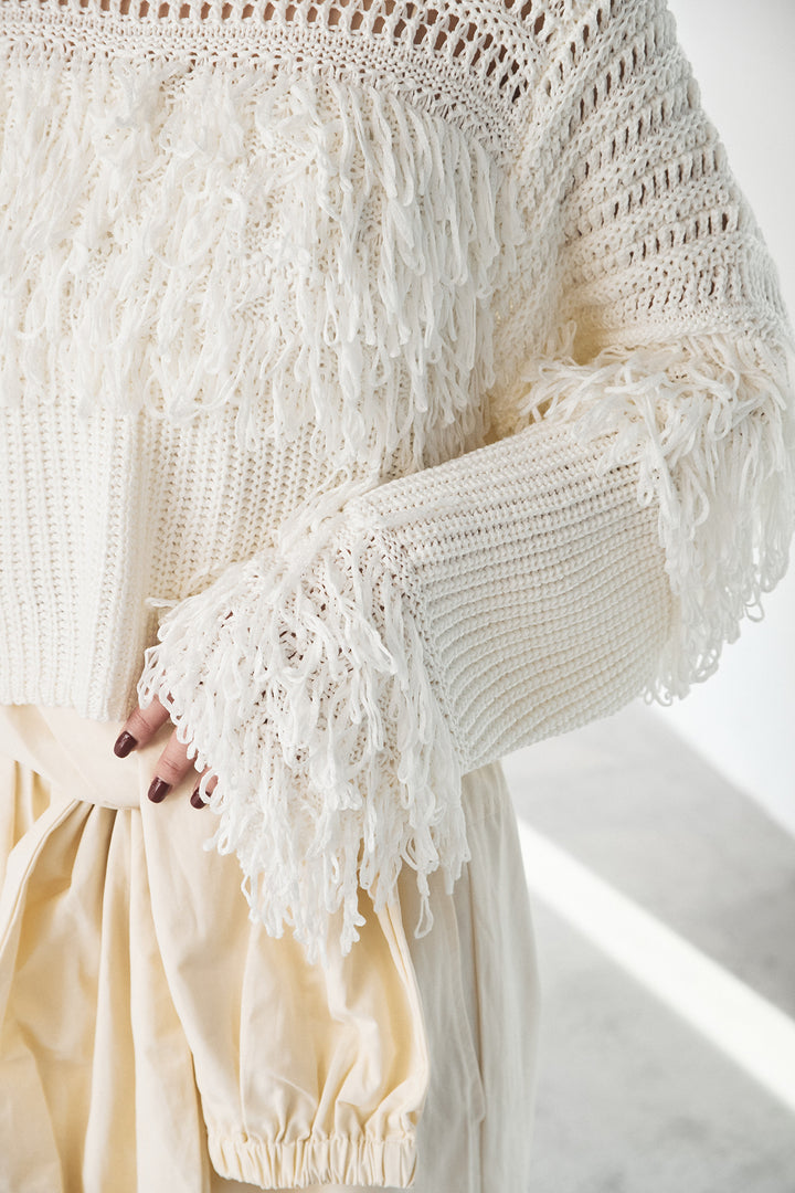 [SET]メッシュフリンジ切り替えプルオーバー+サテンタックワイドパンツ(2set)