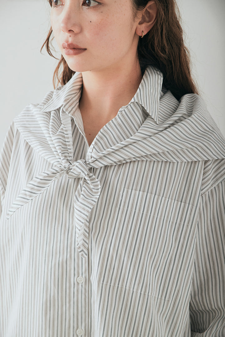 [SET]ランダムストライプスカーフ付きシャツ+デニムハーフパンツ(2set)