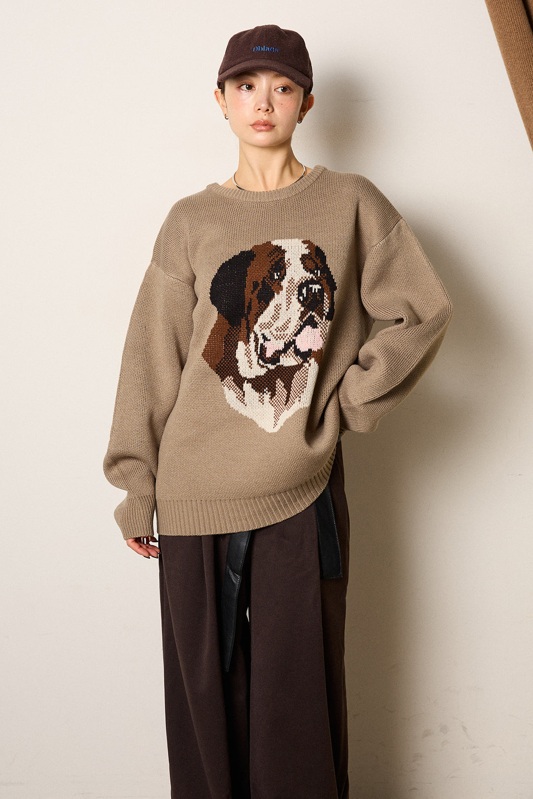 [SET]アニマルジャガード柄ニットトップス+巻ベルトウエストレザーライクワイドパンツ(2set)