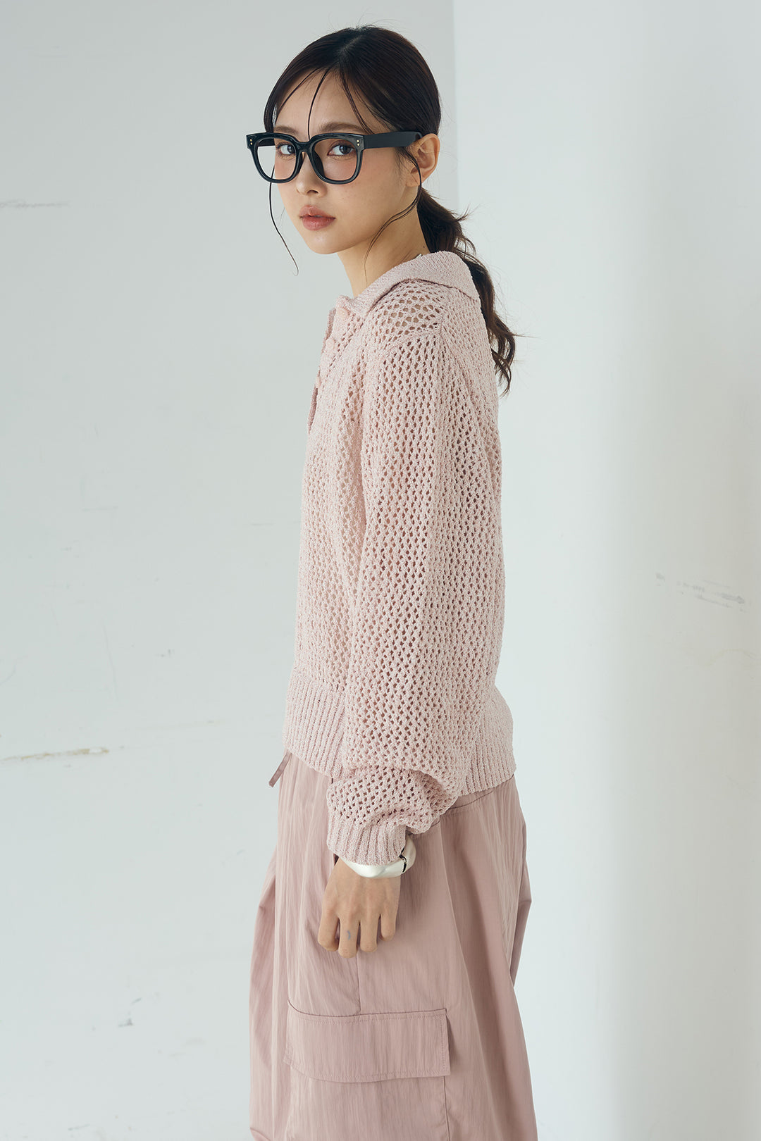 [SET]ミックスメッシュポロニット+麻混タックワイドパンツ(2set)