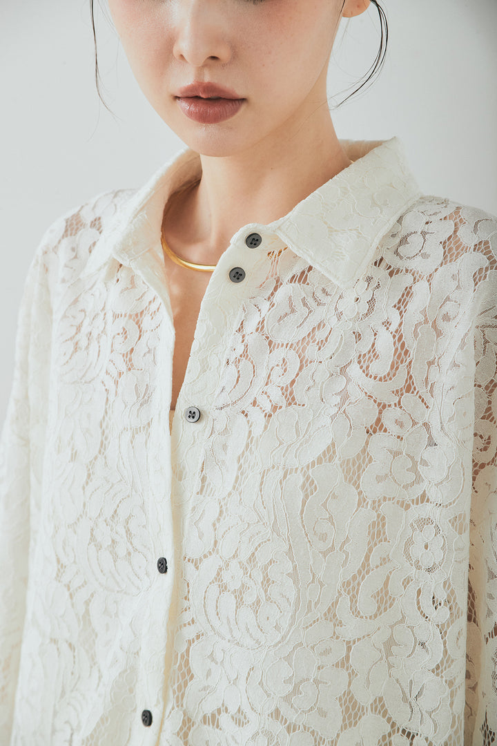 [SET]レース裾スカラップシャツ+ベルトループデザインハイウエストタックパンツ(2set)