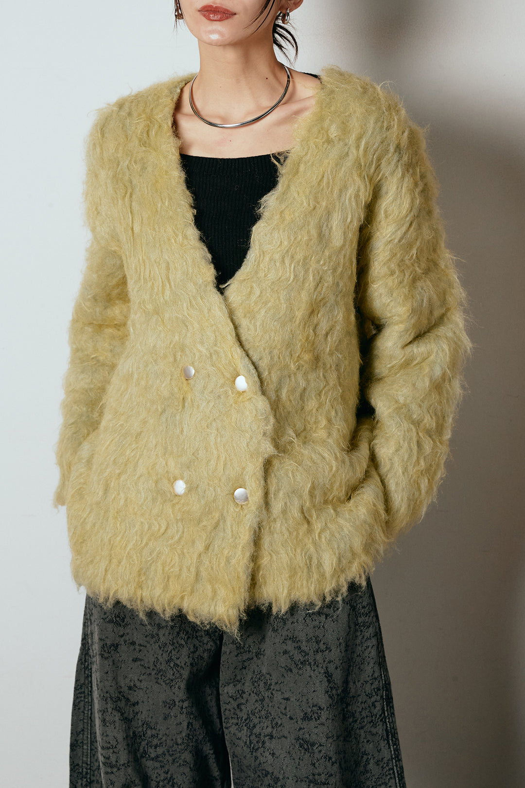 [SET]ウェーブシャギーニットジャケット+スウェードライク裾フリンジスカート(2set)