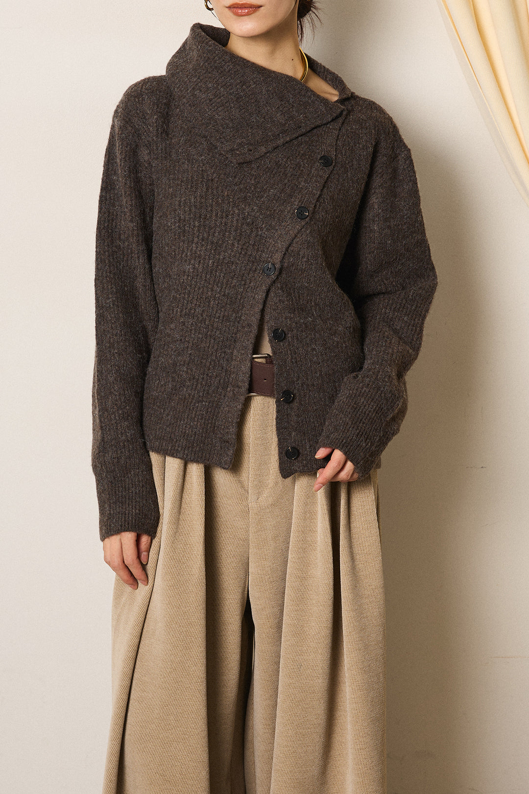 [SET]ボタンデザインネックニットプルオーバー+起毛タック入りツイードワイドパンツ(2set)