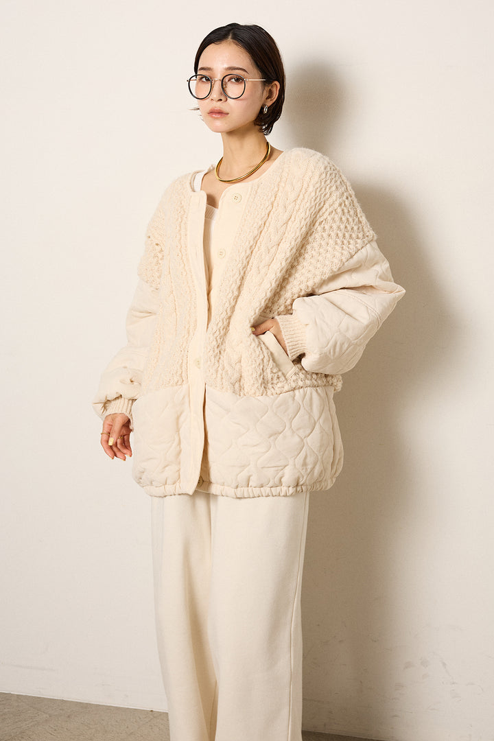 アラン編みニットノーカラー裾キルティングブルゾン