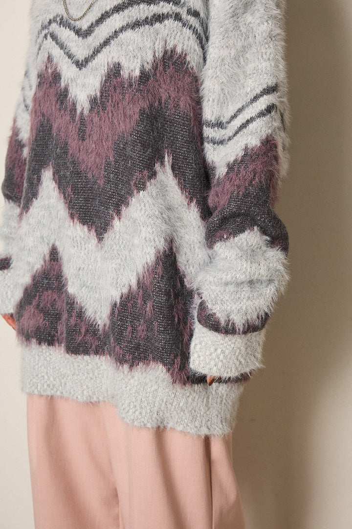 【即納】シャギーニュアンスライン柄ニットトップス