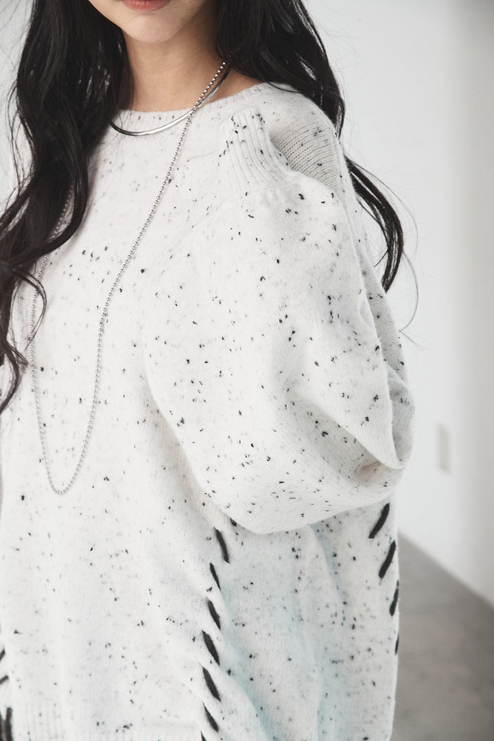 [SET]ネップ編み上げニットトップス+裏起毛スウェットワイドパンツ(2set)