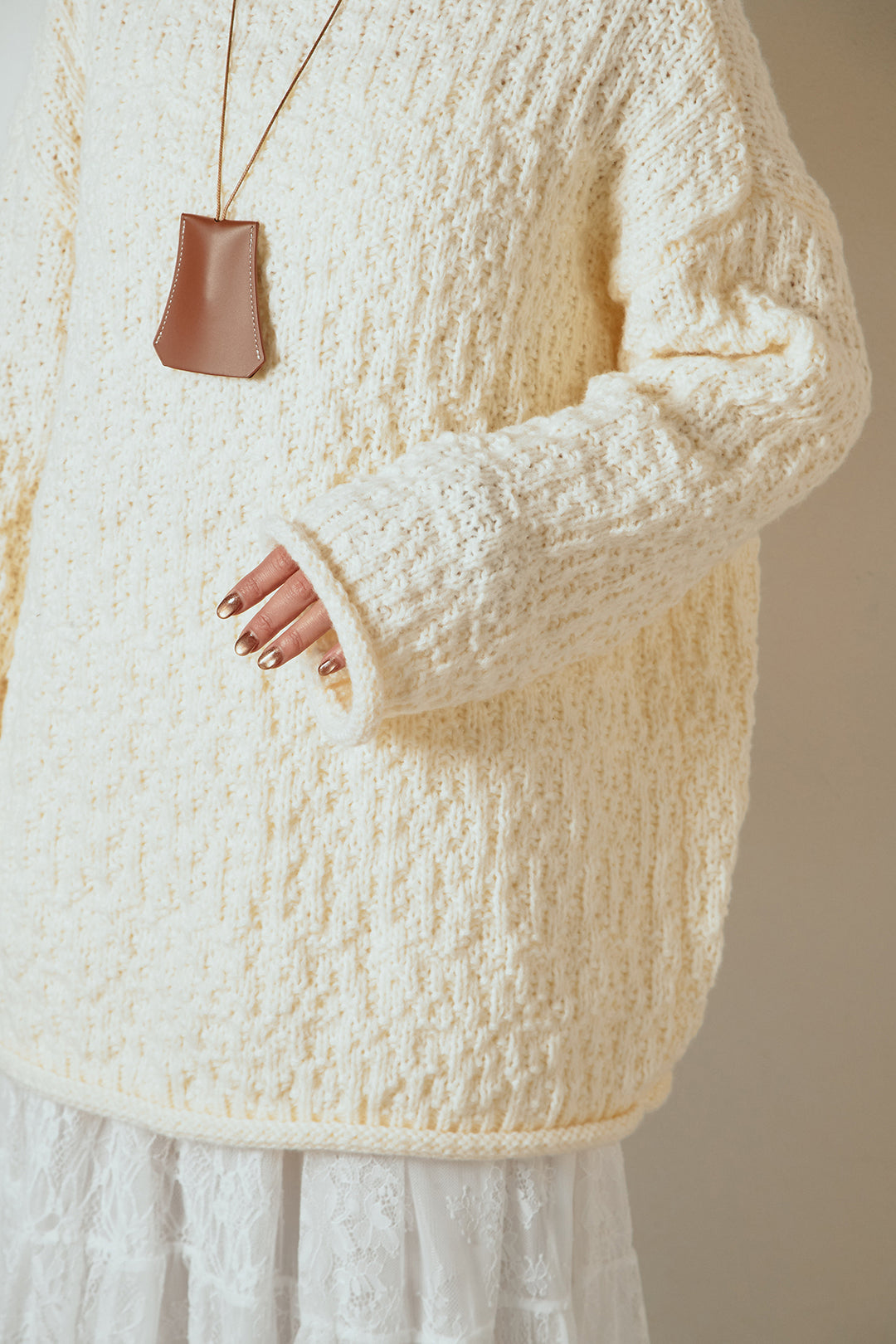 [SET]ボリューム編みニットプルオーバー+ひげレース切替ロング丈スカート(2set)