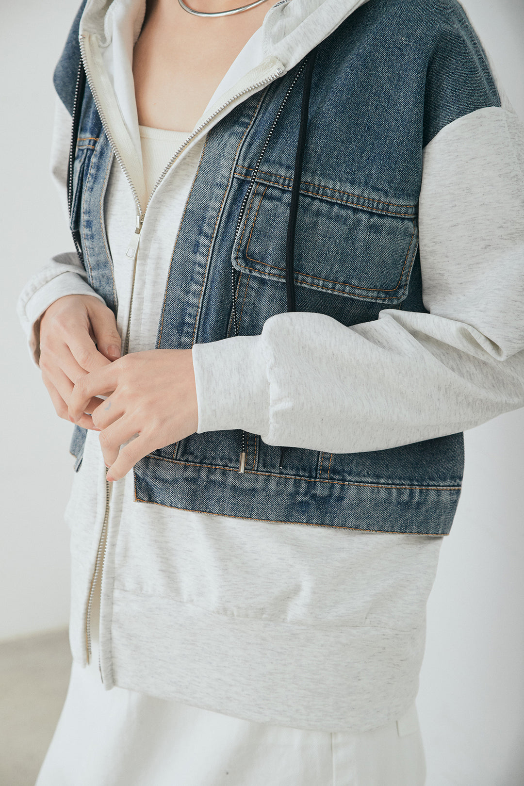 デニム切替ポンチダブルジップパーカー