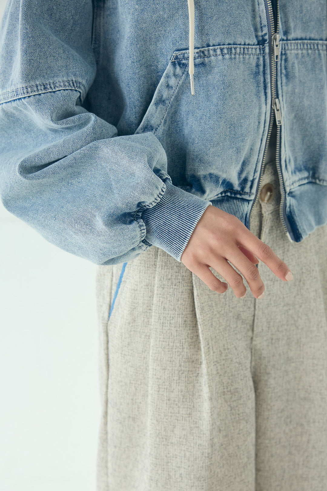 [SET]デニムダブルジップパーカーブルゾン+デニムタックカーブパンツ(2set)