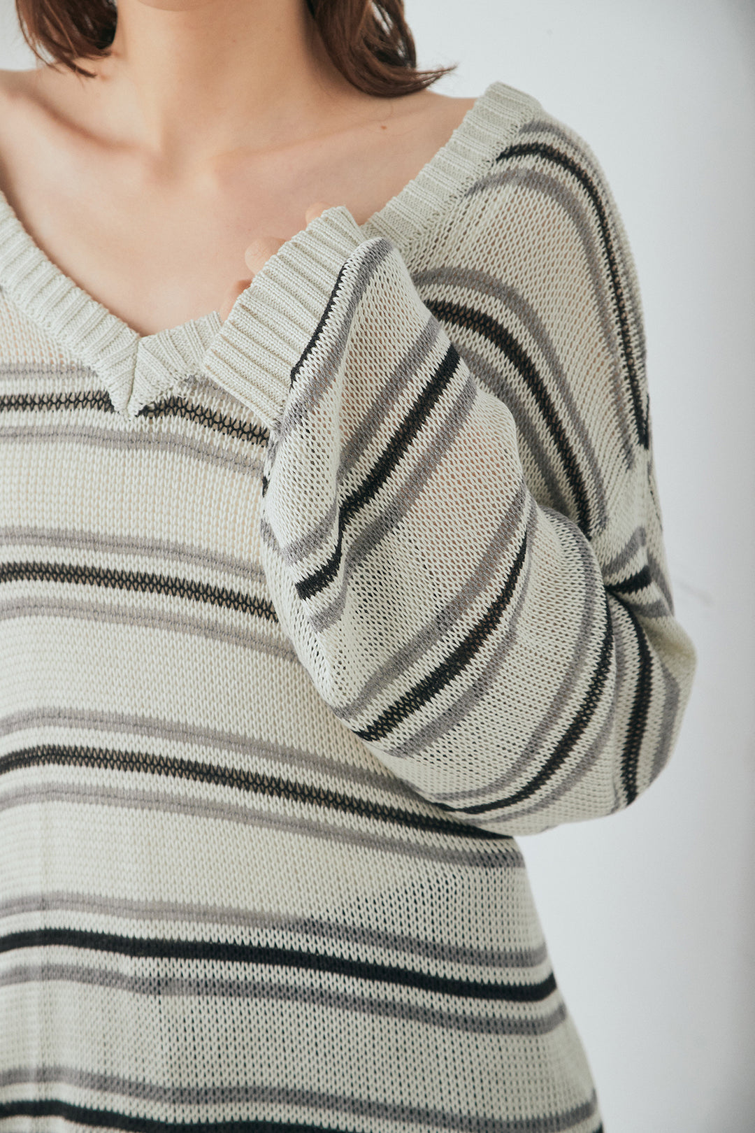 [SET]綿タッチVネックボーダートップス+裾レースデザインデニムスカート(2set)