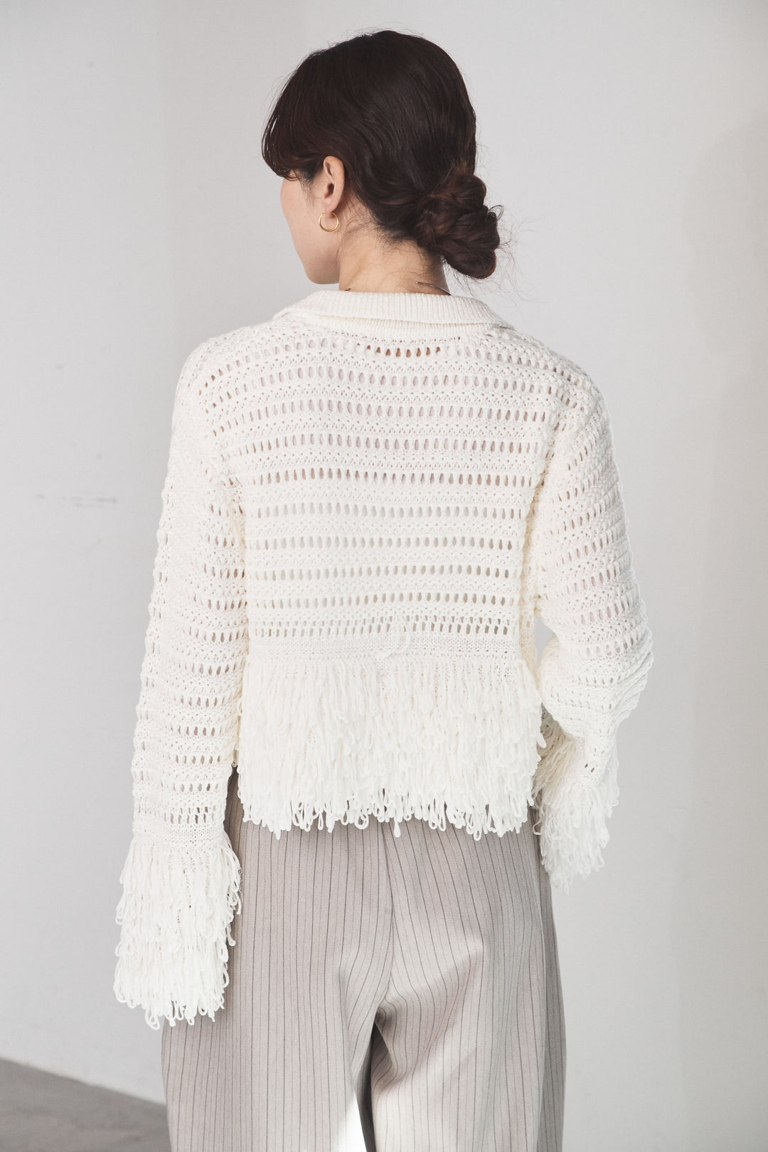 [SET]メッシュフリンジカーディガン+ヘリンボーンストライプツータックパンツ(2set)