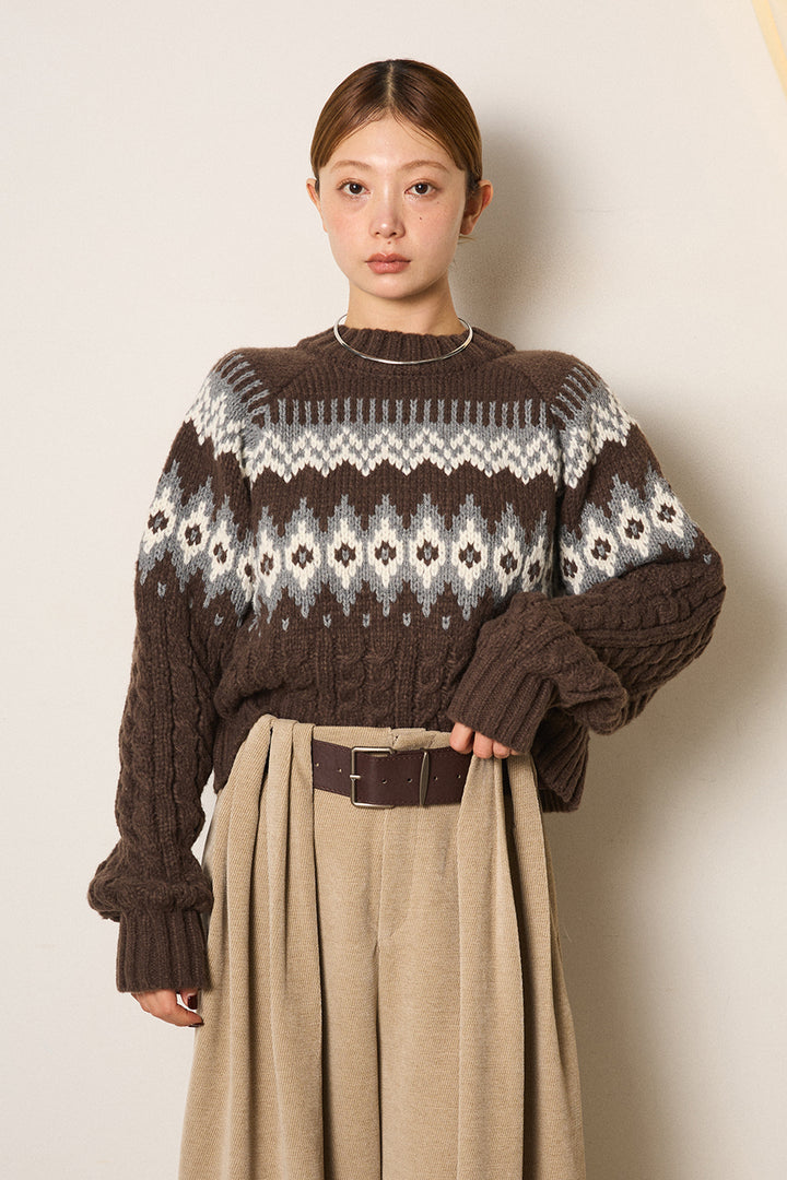 [SET]2WAY求心柄ジャガードショートカーディガン+起毛タック入りツイードワイドパンツ(2set)