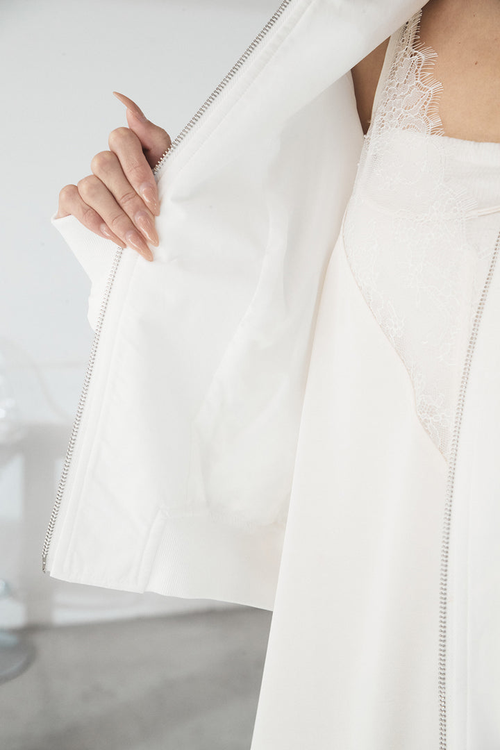 [SET]袖ギャザーデザインブルゾン+レース切り替えキャミソール+センターラインニットパンツ(3set)