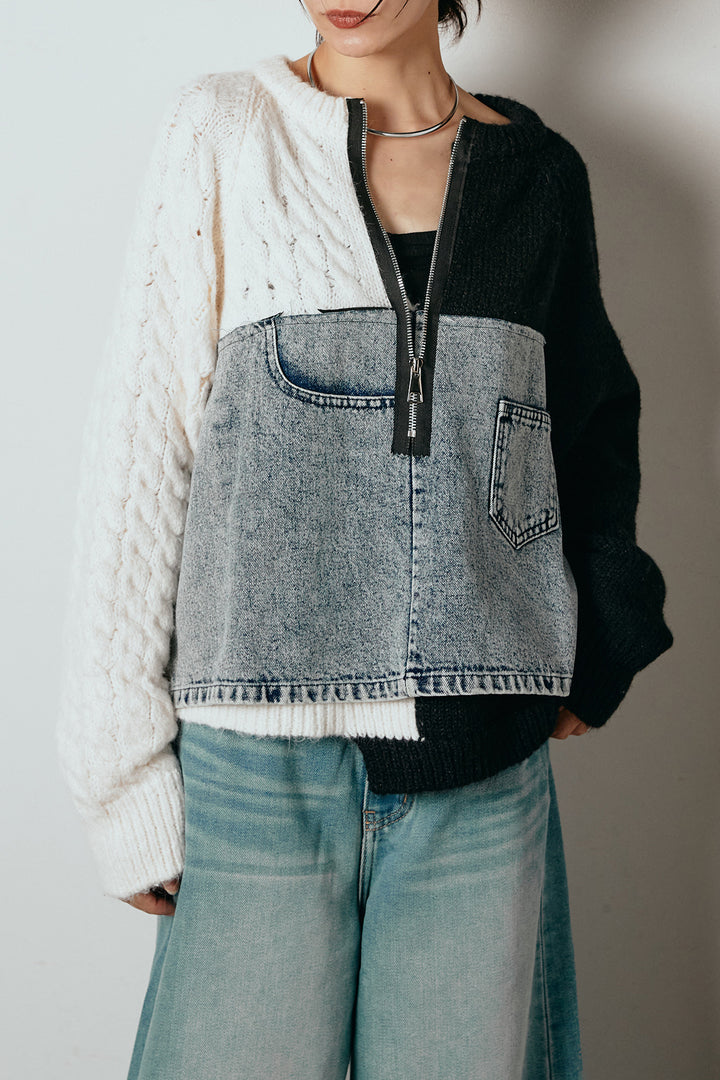 ハーフジップニットデニムドッキングトップス