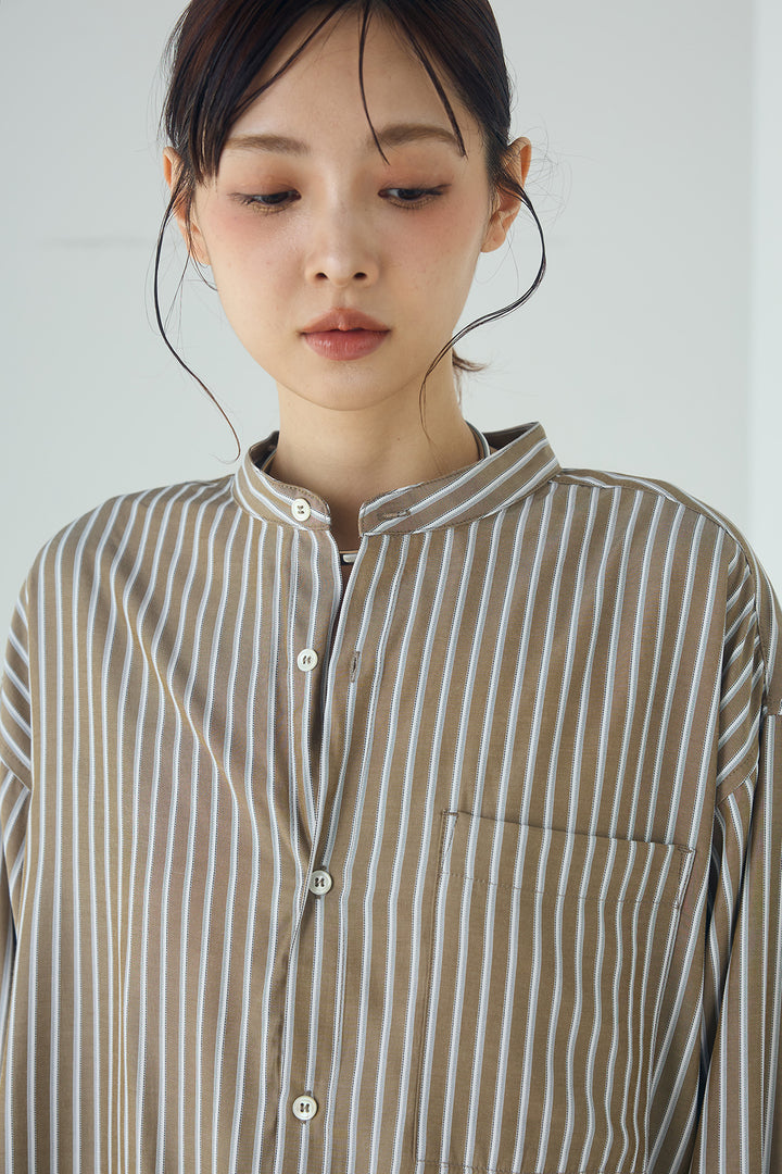 [SET]レーヨンストライプスカーフ+麻混タックワイドパンツ+レーヨンストライプバンドカラー長袖シャツ(3set)