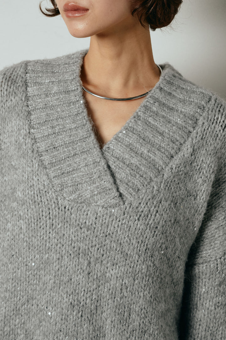 [SET]Vネックラメニットトップス+スウェードライク裾フリンジスカート(2set)