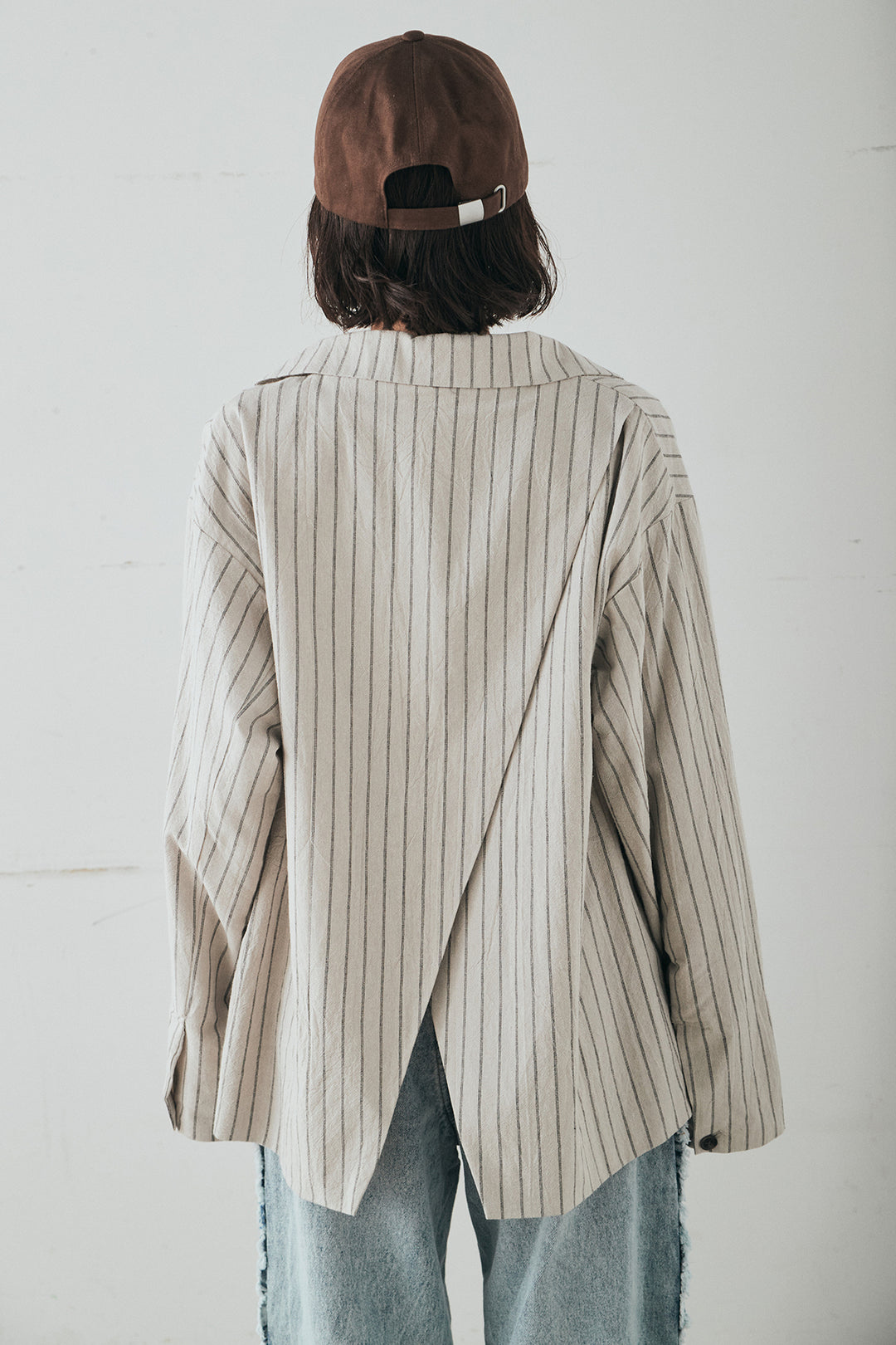 [SET]リネンライクストライプテーラードジャケット+デニムサイドフリルパンツ(2set)