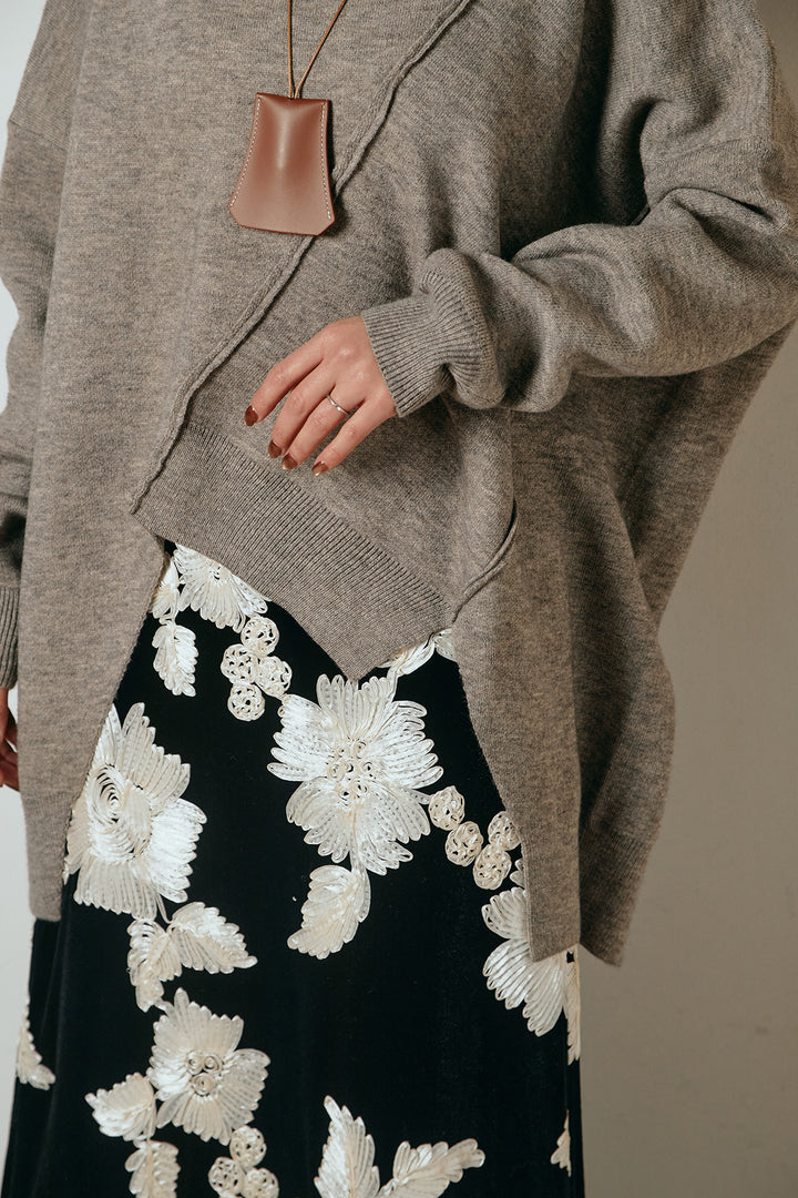 [SET]アシンメトリーデザインニットトップス+リラックスレオパード柄ワイドパンツ(2set)