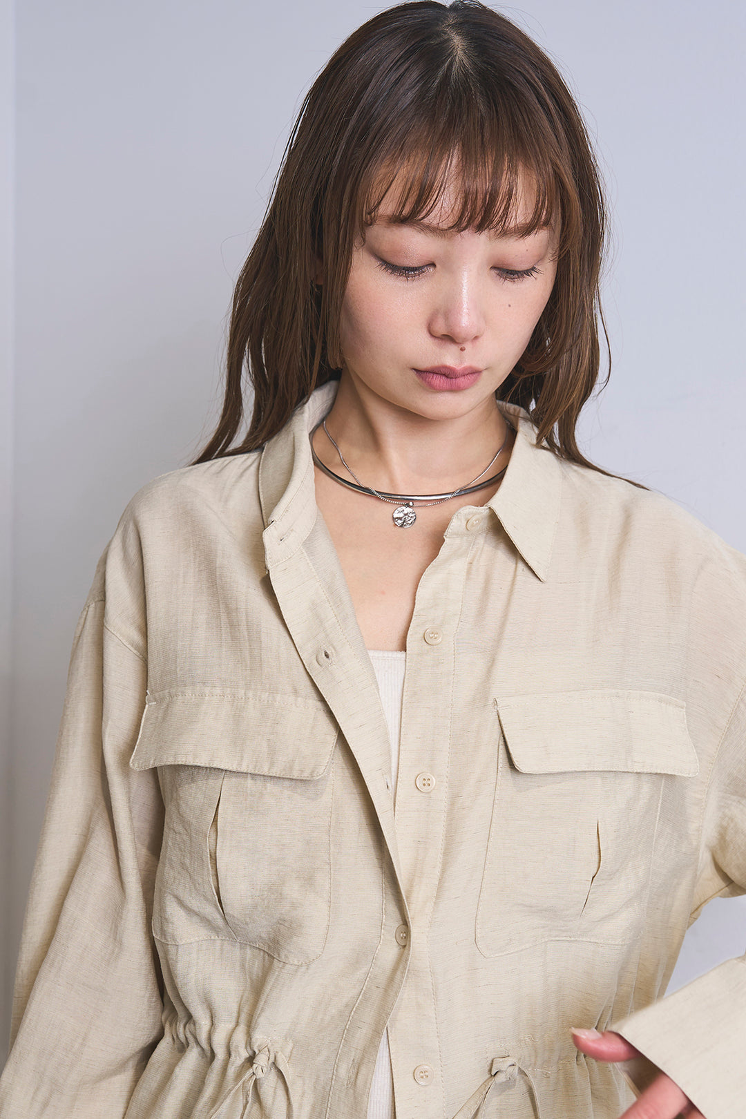 [SET]リネンブレンドシアーサファリシャツ+リラックスプリーツスカート(2set)