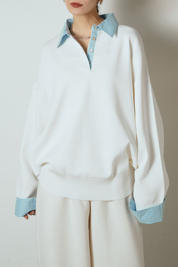 [SET]ストライプシャツドッキングポロトップス+ポーチベルト付きコーデュロイワイドスカート(2set)