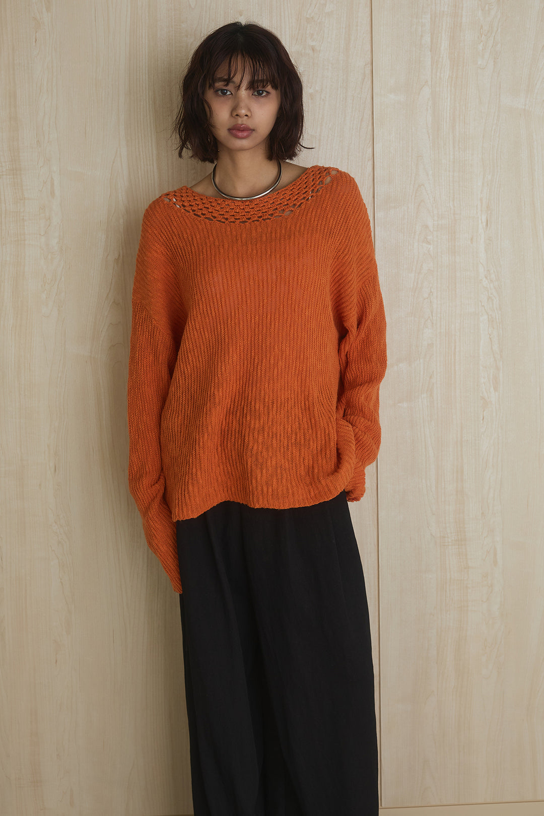 [SET]ネック編みデザインニットトップス+ウエスト折り返しワイドパンツ(2set)