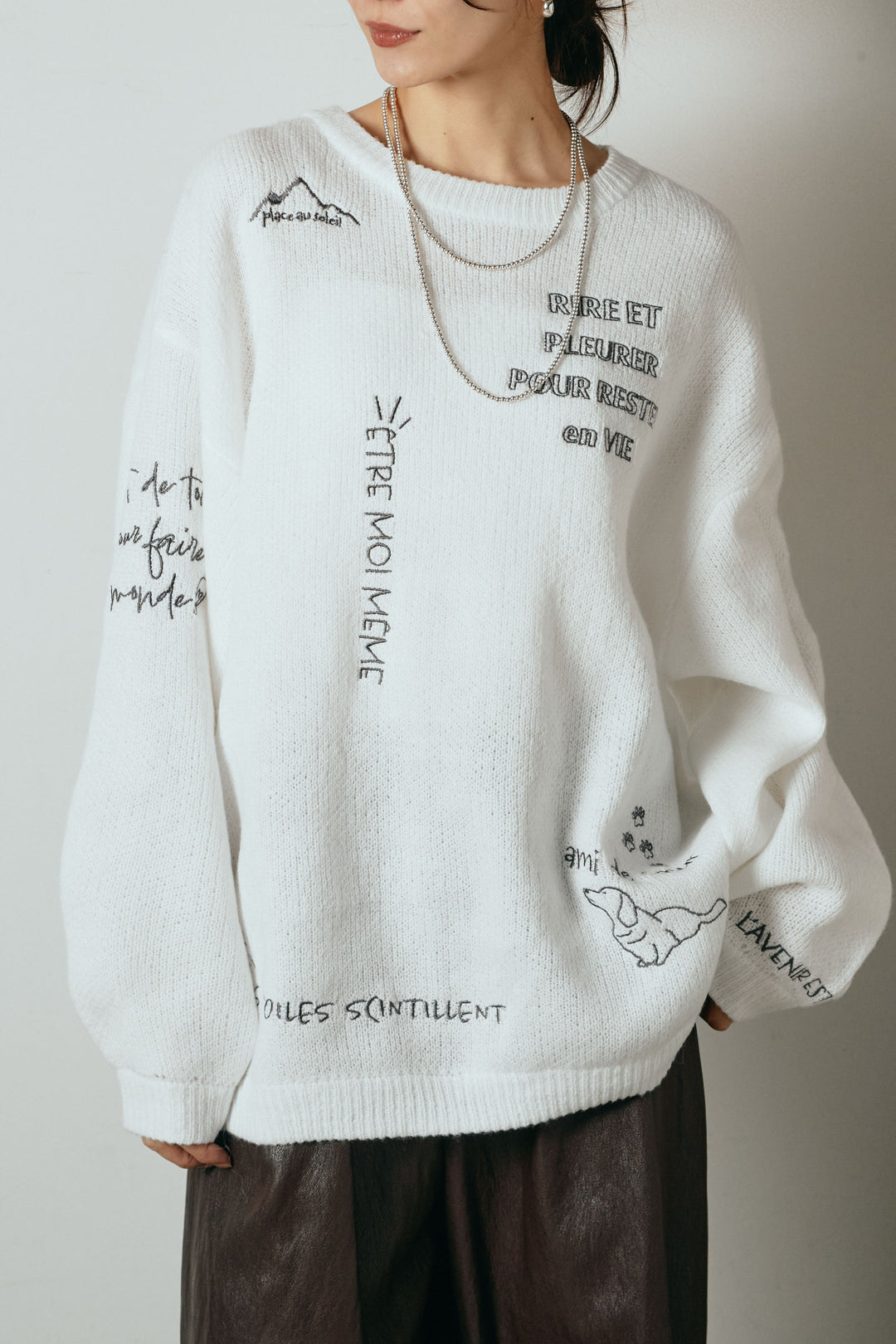 [SET]刺繍ロゴランダムデザインニットトップス+ベルト付きレザーライクタックパンツ(2set)