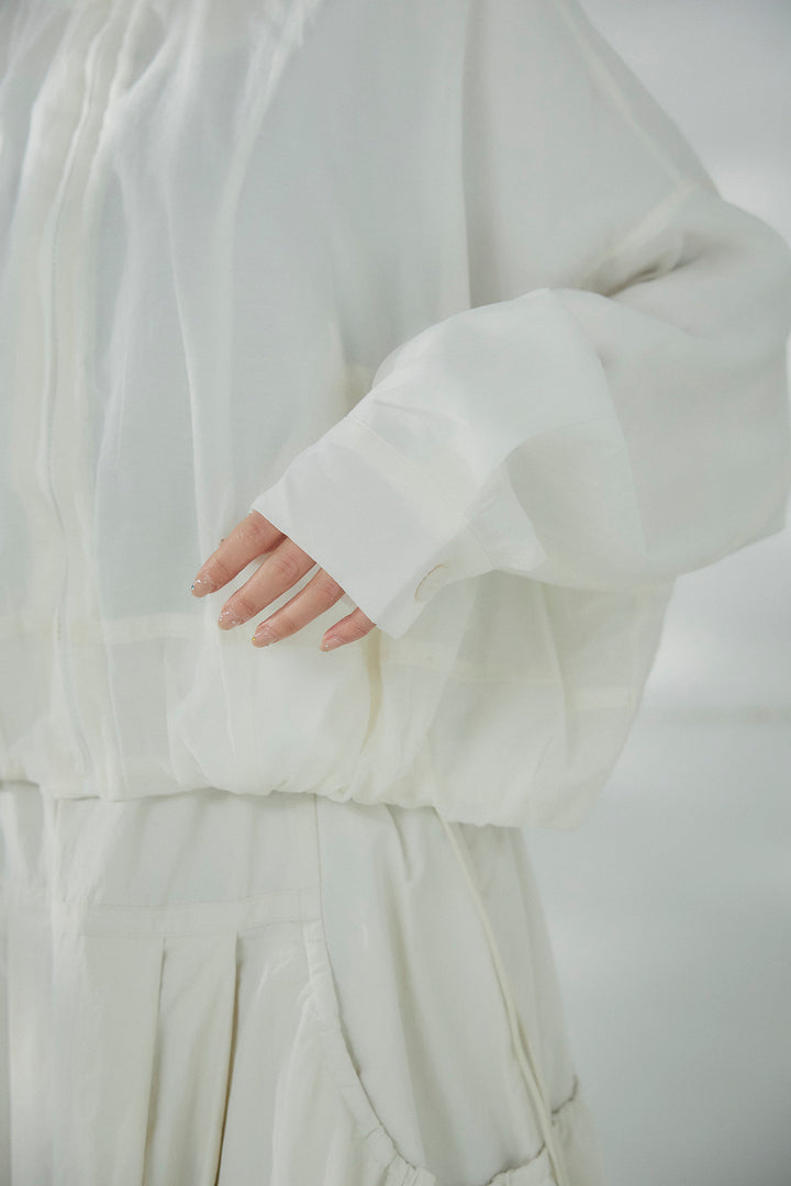 [SET]スタンドネックシアーブルゾン+ナイロンデザインフレアスカート(2set)