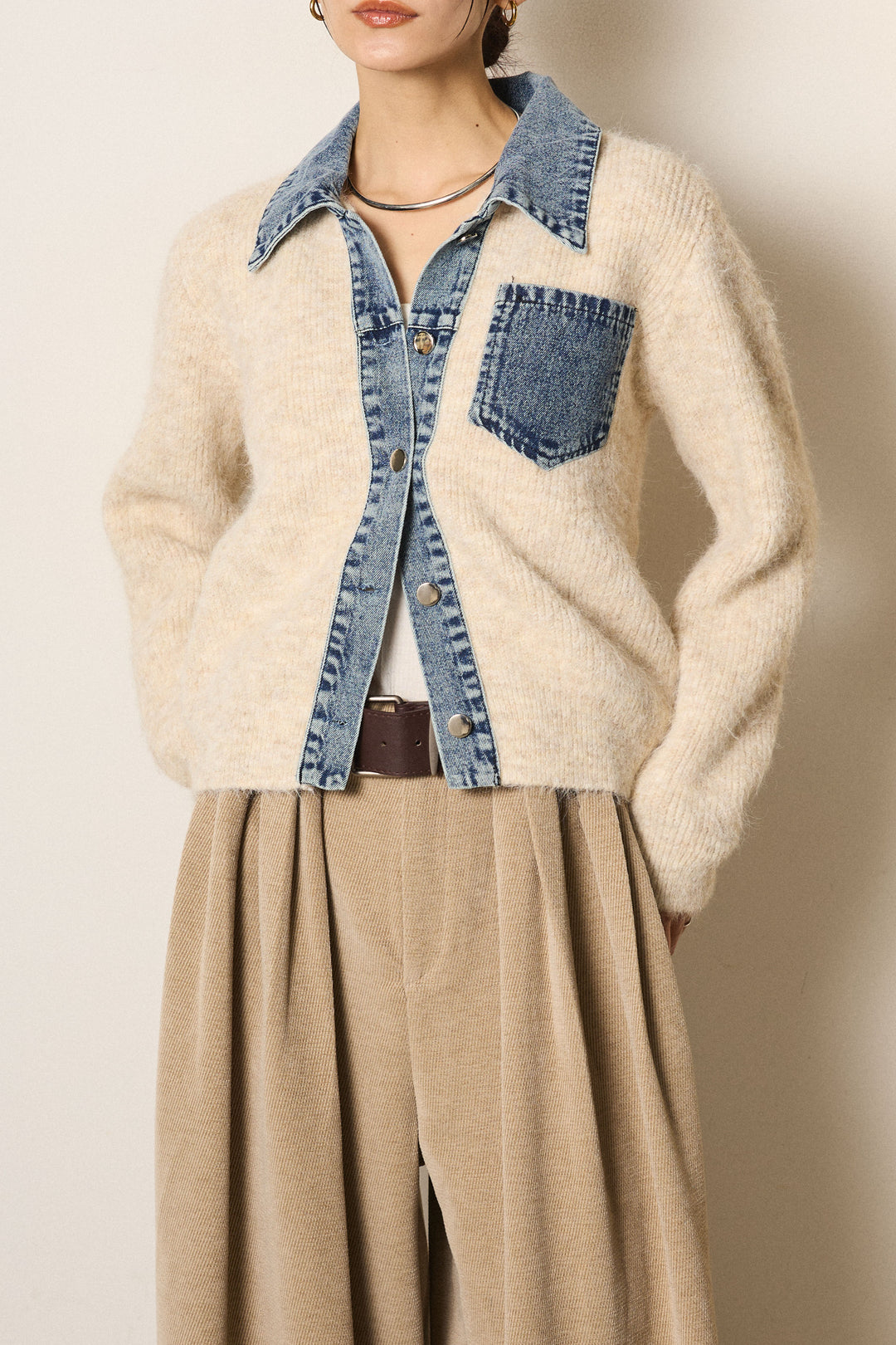 [SET]襟付きデニム切替ニットカーディガン+起毛タック入りツイードワイドパンツ(2set)