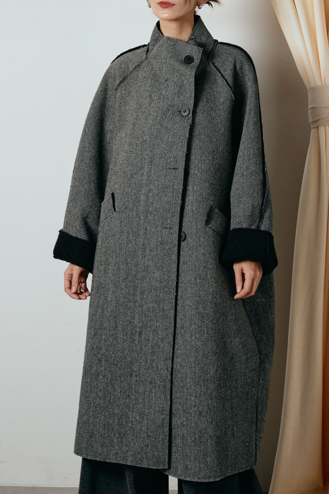 [SET]裏地ボアハイネックロングアウター+ウールライクチェックタックパンツ(2set)