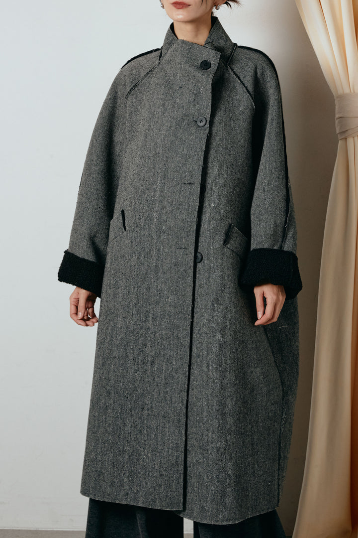 [SET]裏地ボアハイネックロングアウター+ウールライクチェックタックパンツ(2set)