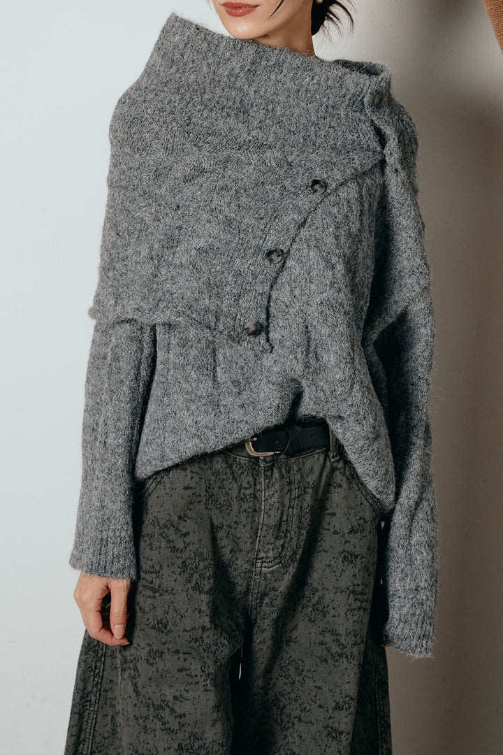 [SET]ケープデザインケーブルニットトップス+グレンチェック柄フロントジップタイトスカート(2set)