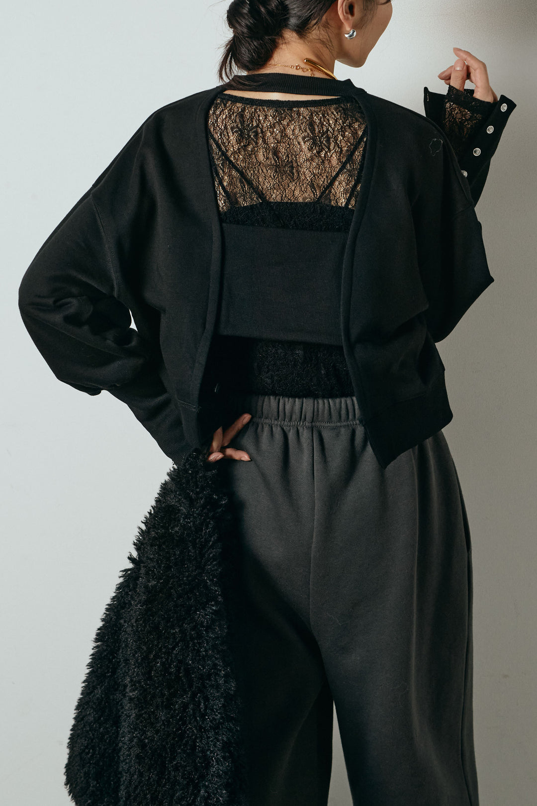 [SET]裏毛バックオープンプルオーバー+ストレッチレースクルーネックインナー(2set)