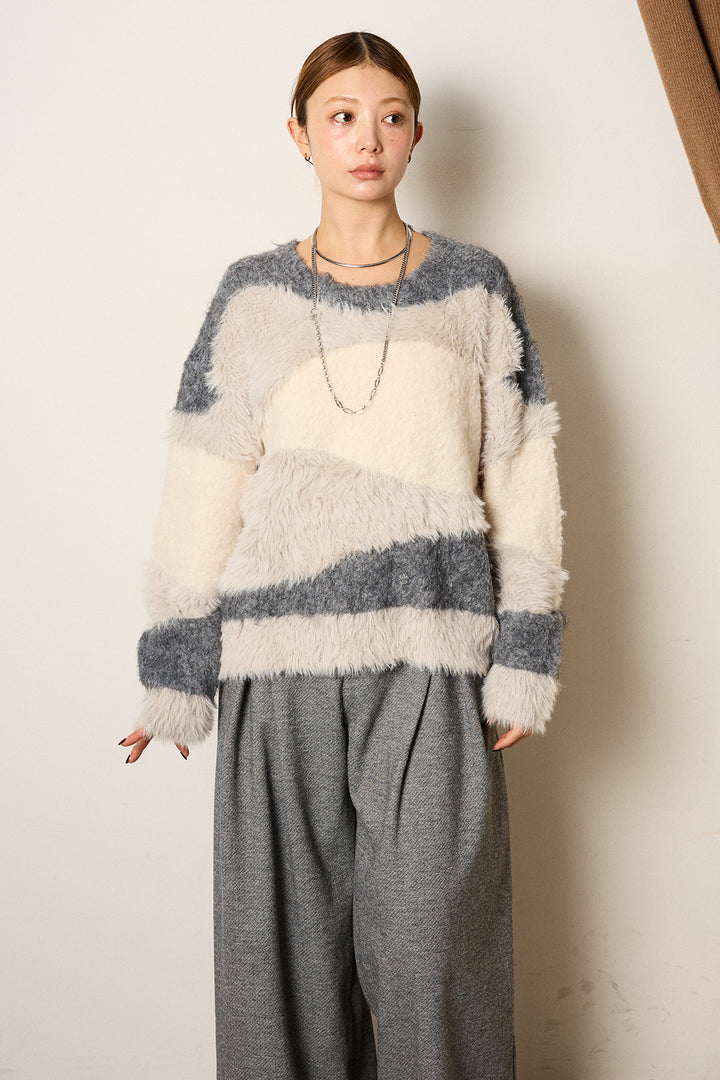 [SET]シャギーウェーブ柄クルーネックニットトップス+かすれデザインワイドパンツ(2set)