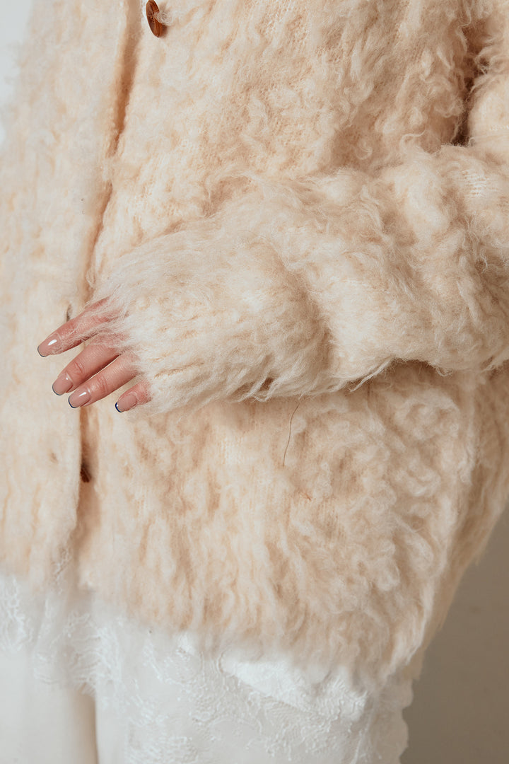 [SET]ルーズシャギーニットカーディガン+裏起毛スウェットワイドパンツ+レース切り替えキャミソール(3set)